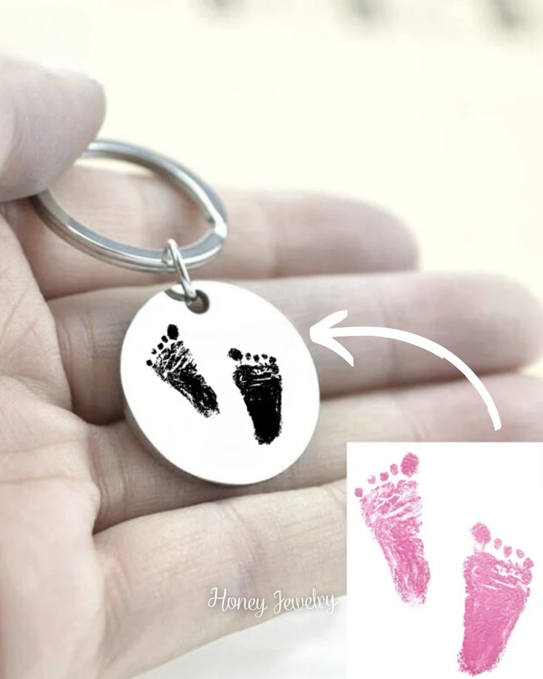 Round plate keychain with baby footprints