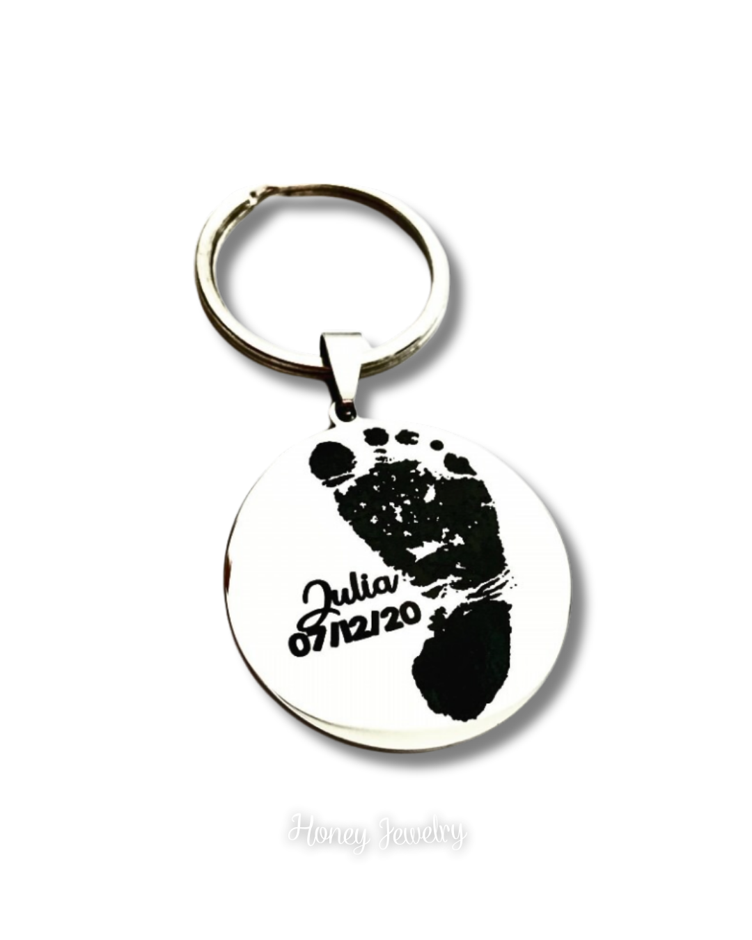 Round plate keychain with baby footprints