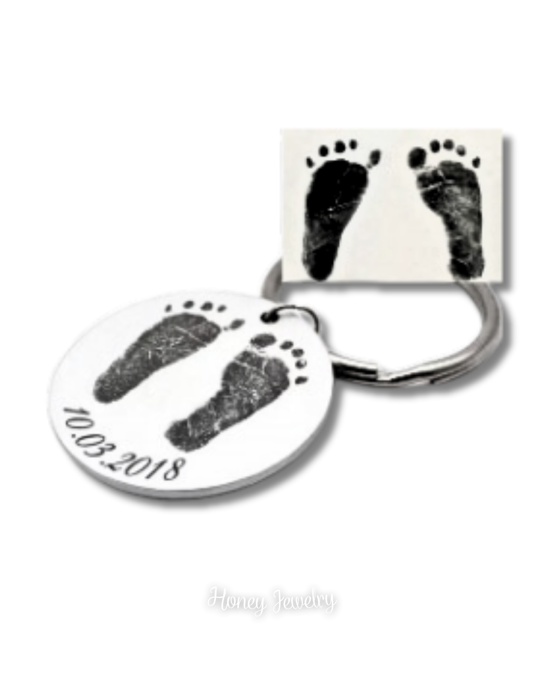 Round plate keychain with baby footprints