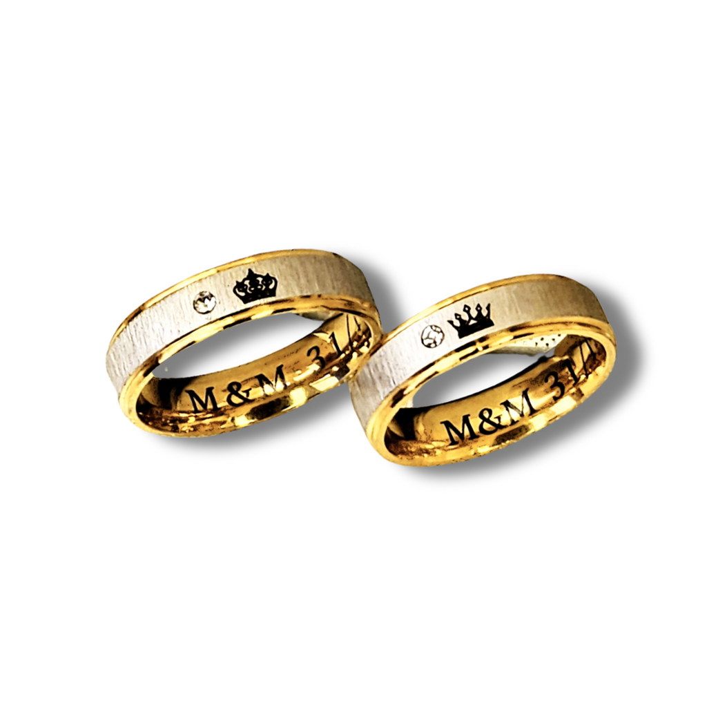 Two-tone matte and satin + zircon couple rings