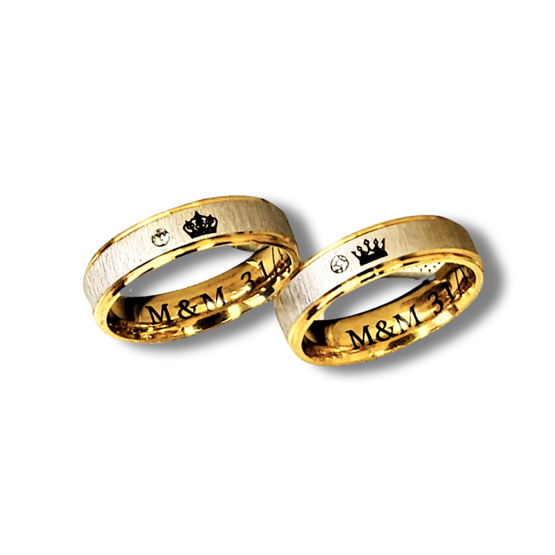 Two-tone matte and satin + zircon couple rings